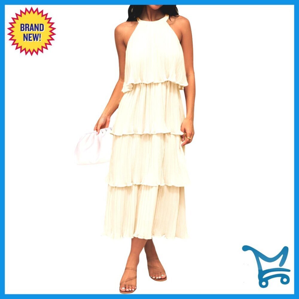 Sleeveless Halter Neck Ruffle Tiered Chiffon Swing Midi Dress Elegant Summer